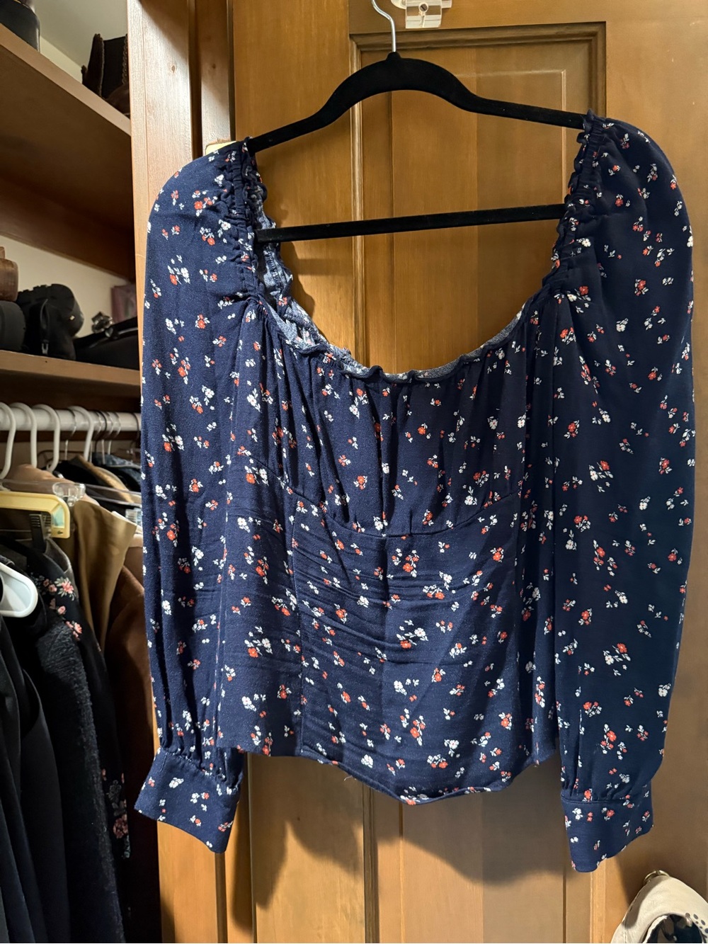 Reformation Navy Floral Peasant Blouse - Women's Long Sleeve
